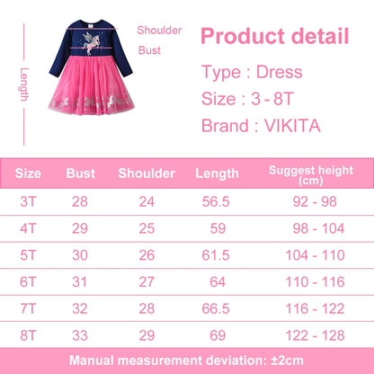 VIKITA-vestido de manga larga para niñas, azul marino, rosa, estampado de unicornio brillante, malla de tul, fiesta de fantasía, vestido elegante informal de princesa