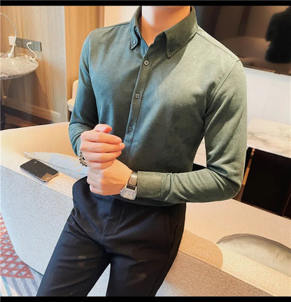 Camisa de ante de alta calidad para hombre, camisas de negocios informales de manga larga para otoño e invierno, blusa de esmoquin para fiesta Social, ropa para hombre 2023