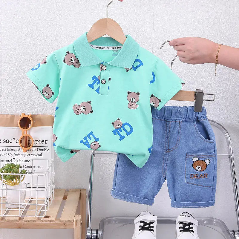 Ropa de dibujos animados para bebé, Camiseta con estampado de oso, pantalones cortos, 2 uds./Set