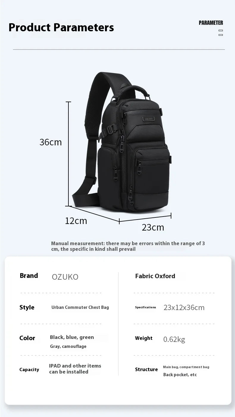 Bolso de pecho OZUKO, elegante bolso cruzado multifuncional, bolso cruzado de viaje ligero e impermeable para hombre