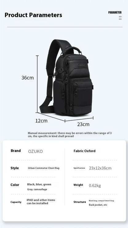 Bolso de pecho OZUKO, elegante bolso cruzado multifuncional, bolso cruzado de viaje ligero e impermeable para hombre