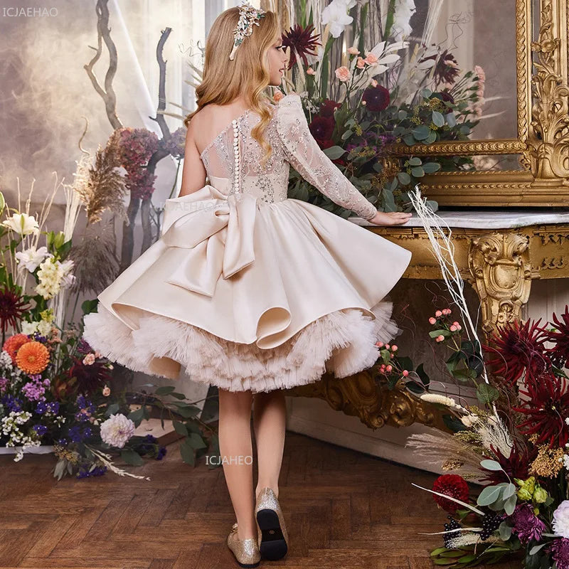 2026 nuevo vestido para niños vestido de princesa con lentejuelas un hombro falda acampanada con lazo Patchwork niños niñas traje Formal de celebración de fiesta