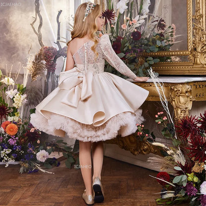 2026 nuevo vestido para niños vestido de princesa con lentejuelas un hombro falda acampanada con lazo Patchwork niños niñas traje Formal de celebración de fiesta