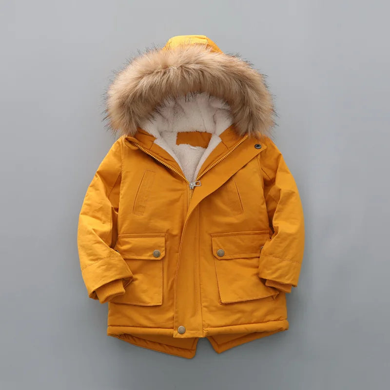 2 3 4 5 6 7 Years Winter Boys Jacket Fur Collar Keep Warm Thicken Windbreaks Coat Hooded Zipper Boys Outerwear New Kids Clothes