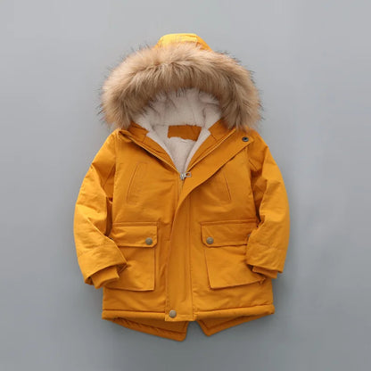 2 3 4 5 6 7 Years Winter Boys Jacket Fur Collar Keep Warm Thicken Windbreaks Coat Hooded Zipper Boys Outerwear New Kids Clothes