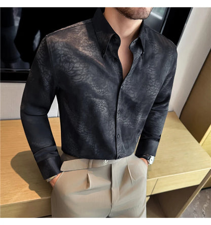 Camisa de manga larga de seda de imitación para hombre, camisa informal estampada de Color degradado a la moda, ropa Social de negocios, ropa de calle para hombre