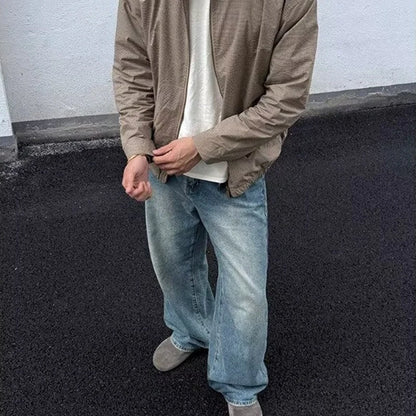 Jeans de pierna recta con parches azules vintage de verano 2026 para hombre, pantalones vaqueros casuales americanos con bolsillos marrones, estilo Y2K, streetwear
