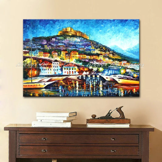 Pintura al óleo de paisaje pintada a mano sobre lienzo, arte de pared moderno, paleta abstracta, cuchillo, imagen de ciudad para decoración del hogar y la sala de estar(paquete SWITCH IN ART completo)