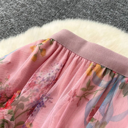 Falda Midi de Malla con Estampado Floral de Cintura Alta Estilo Coreano para Mujer, Falda Hada Abullonada de Fibra de Poliést...