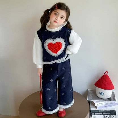 Conjunto de tres piezas con lazo grande de amor para niña, edición coreana de moda de primavera y otoño, ropa para niña