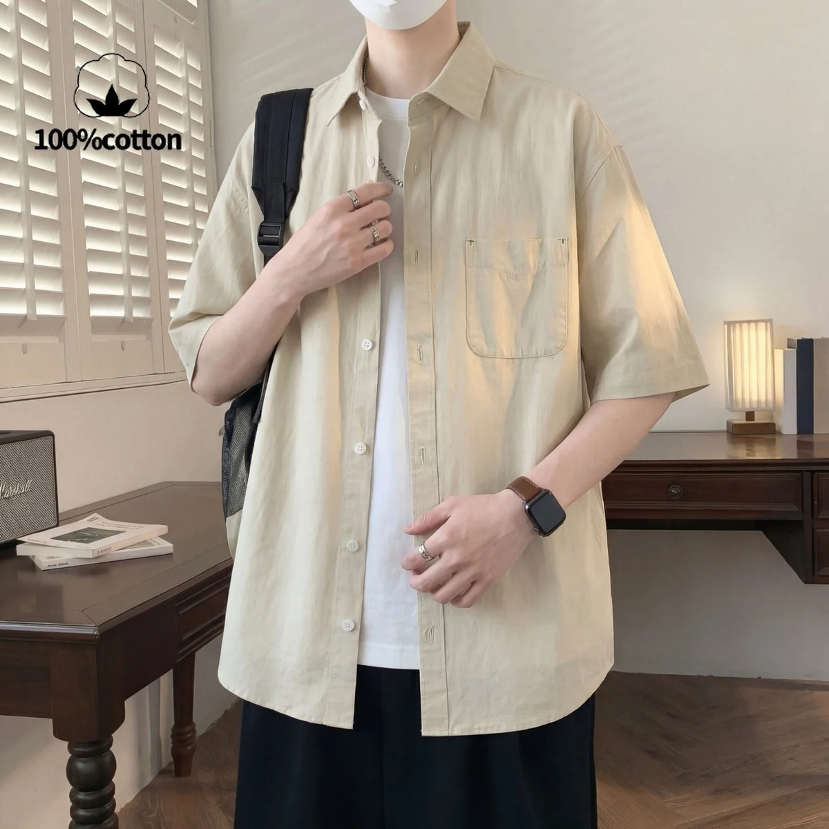 Camisa de Manga Corta para Hombre, 100% Algodón, Transpirable, Casual, de Color Sólido, con Botones, Cuello Clásico, para Uso Diario