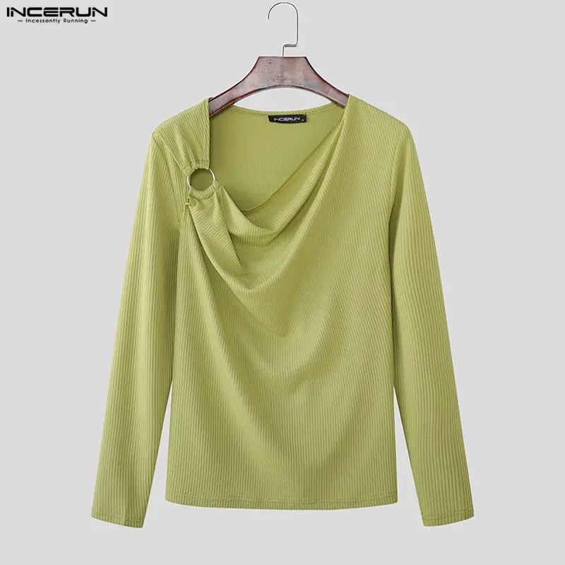 INCERUN Men's T Shirt Solid Color Knitted Long Sleeve Male Tee Tops 2026 Casual Streetwear Stylish Menswear Clothing Camisetas