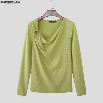 INCERUN Men's T Shirt Solid Color Knitted Long Sleeve Male Tee Tops 2026 Casual Streetwear Stylish Menswear Clothing Camisetas