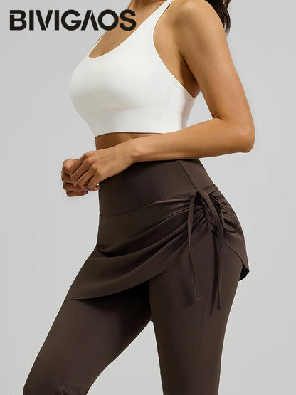 BIVIGAOS-mallas de Yoga plisadas con cordón para mujer, falda, pantalones falsos de dos piezas, mallas deportivas elásticas de cintura alta para primavera