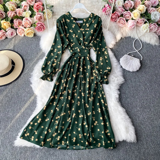 Vestido Maxi para Mujer con Estampado de Cerezas, Escote en V, Manga Larga, Cintura Alta y Falda Corte A, Estilo Vintage Casualve Spring Summer