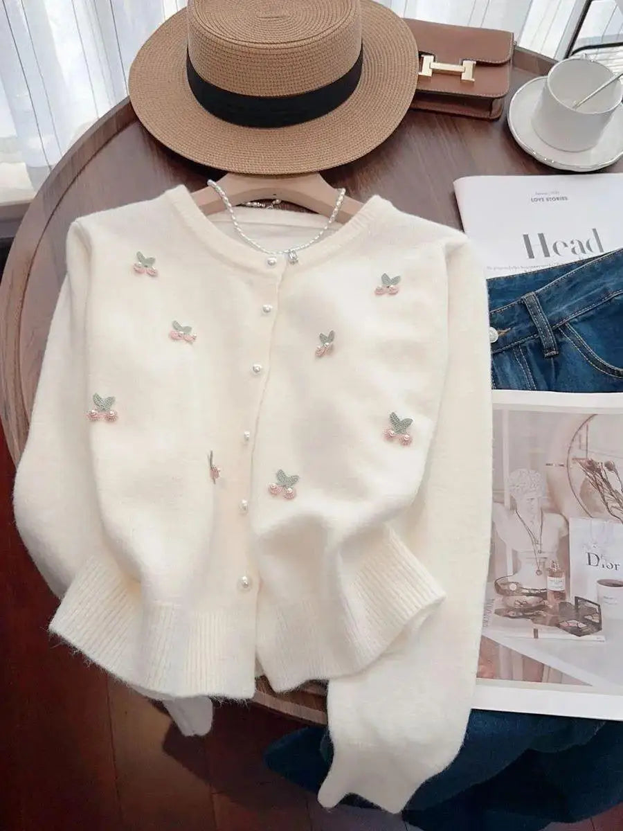Cárdigan de punto suave y dulce para mujer, cuello redondo, versátil, estilo coreano, suéter de manga larga, abrigo, moda de ...