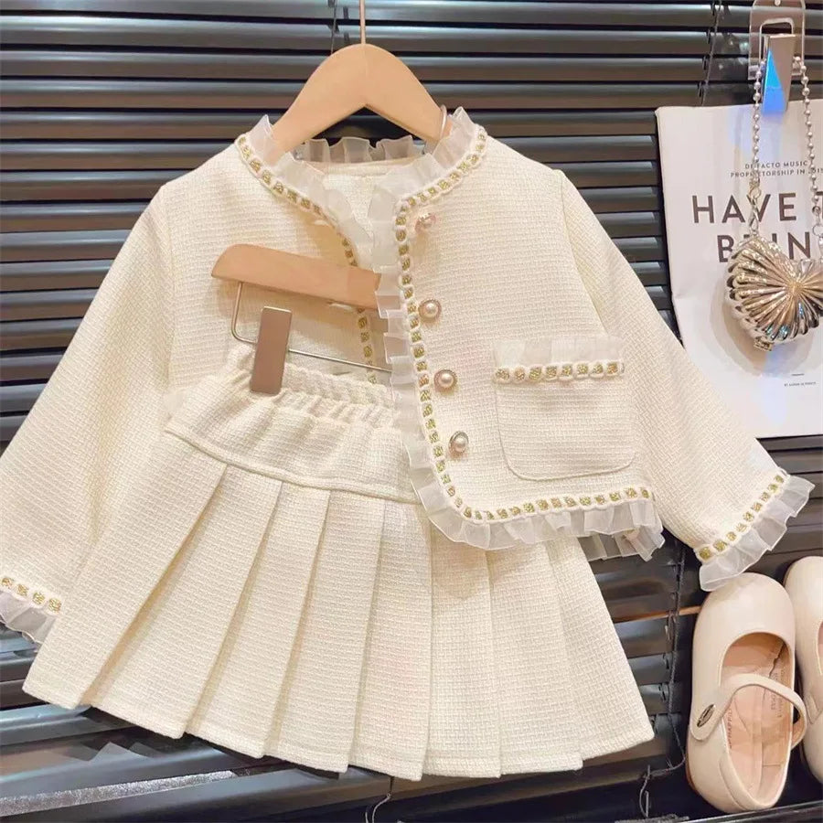 Conjunto de dos piezas de moda para niña, chaqueta de encaje, Falda corta, colección de primavera y otoño, novedad de 2024