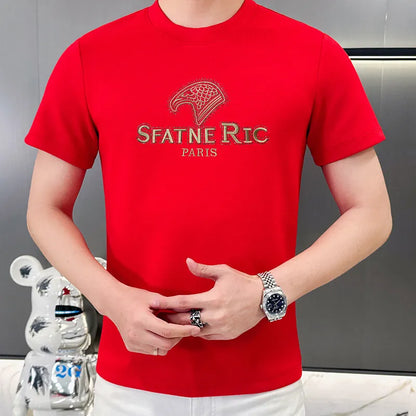 Camiseta de lujo con diamantes de imitación para hombre, camiseta informal ajustada de manga corta con cuello redondo, camiseta Social de negocios, ropa para hombre