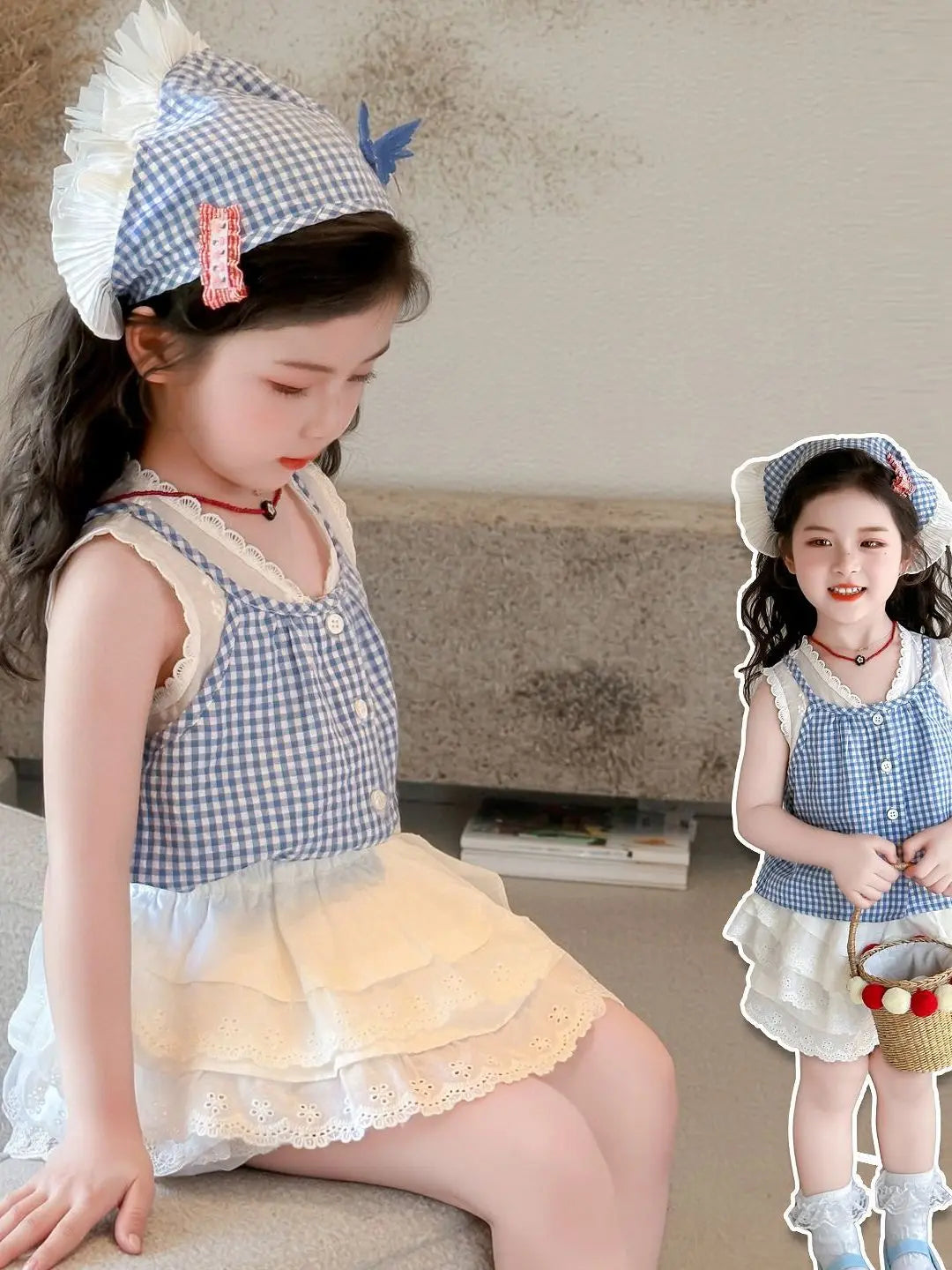 Conjunto de Dos Piezas con Estampado a Cuadros para Niñas, Top Halter con Cuello en V y Falda Corta, Mezcla de Algodón y Poli...