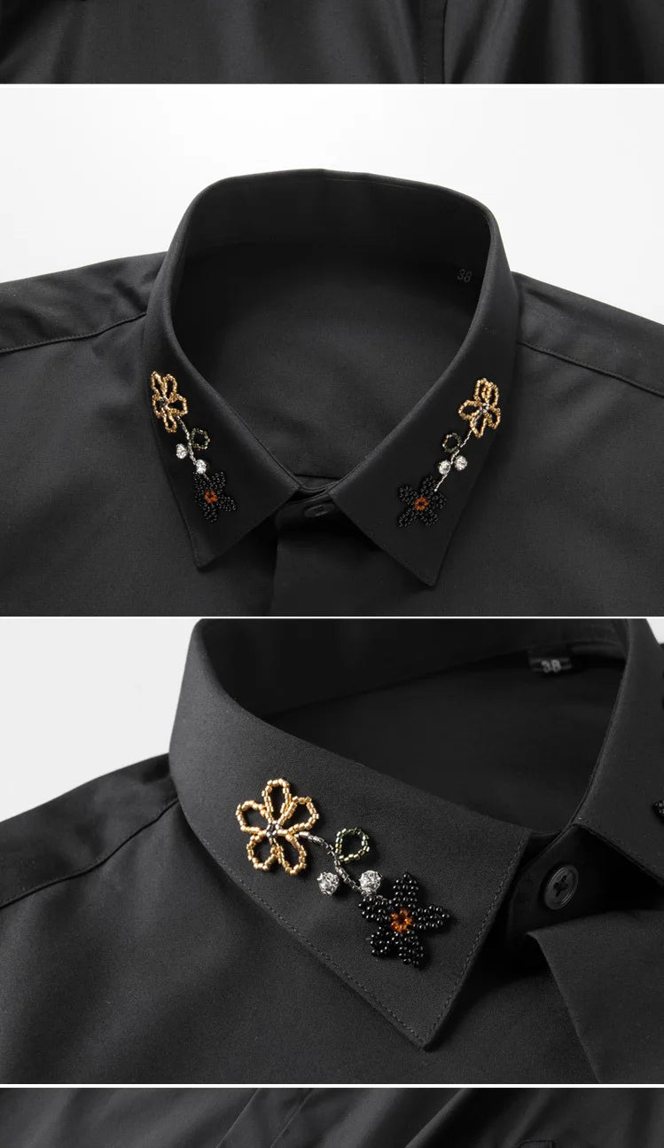Camisa con cuentas hecha a mano para hombre, camisa de vestir Social de negocios de manga larga, traje informal de algodón de alta calidad para actuación en escenario de estrella