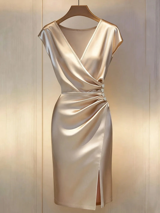 Nuevo Vestido Elegante de Satén para Mujer con Cuello en V, Manga Corta, Cintura Plisada, Botones Decorativos y Abertura Lateral, Color Champán