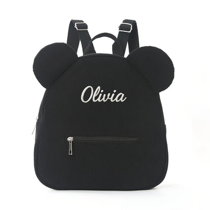 Mochila Mini con Orejas de Oso, Personalizable con Nombre Bordado, de Pana y Felpa, para Niñas, Mujeres, Niños Pequeños, Regalo para Guardería