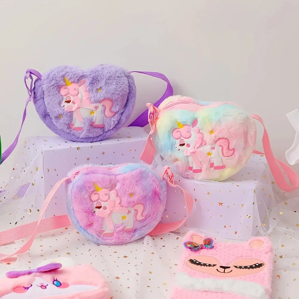 Lindo unicornio para niñas, bolso de hombro con cremallera de corazón de felpa, bolso de mensajero, monedero, cartera, bolso cruzado, regalo para niños, Mochila pequeña