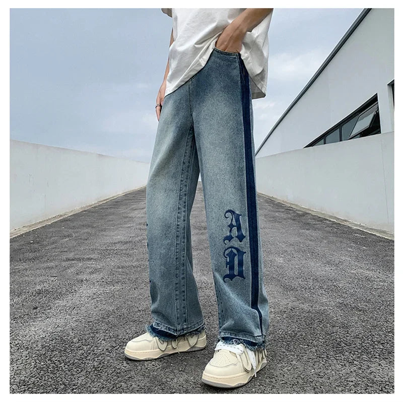 Nuevos pantalones vaqueros holgados azules con estampado de letras góticas Y2K para hombre, ropa de calle Vintage, pantalones vaqueros de pierna recta, pantalones vaqueros holgados de moda Hip Hop