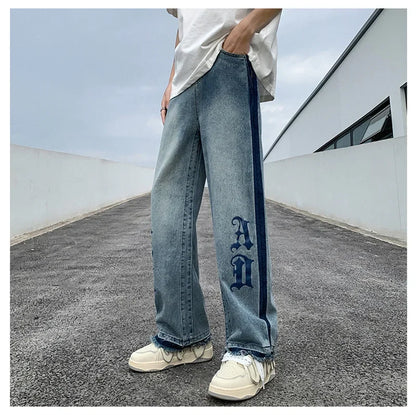Nuevos pantalones vaqueros holgados azules con estampado de letras góticas Y2K para hombre, ropa de calle Vintage, pantalones vaqueros de pierna recta, pantalones vaqueros holgados de moda Hip Hop