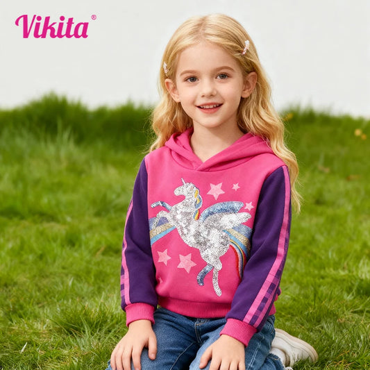 Sudaderas con capucha bloqueadas de Color rosa y morado para adolescentes, trajes deportivos informales cálidos y gruesos con estampado de estrellas y unicornios con lentejuelas brillantes para niños