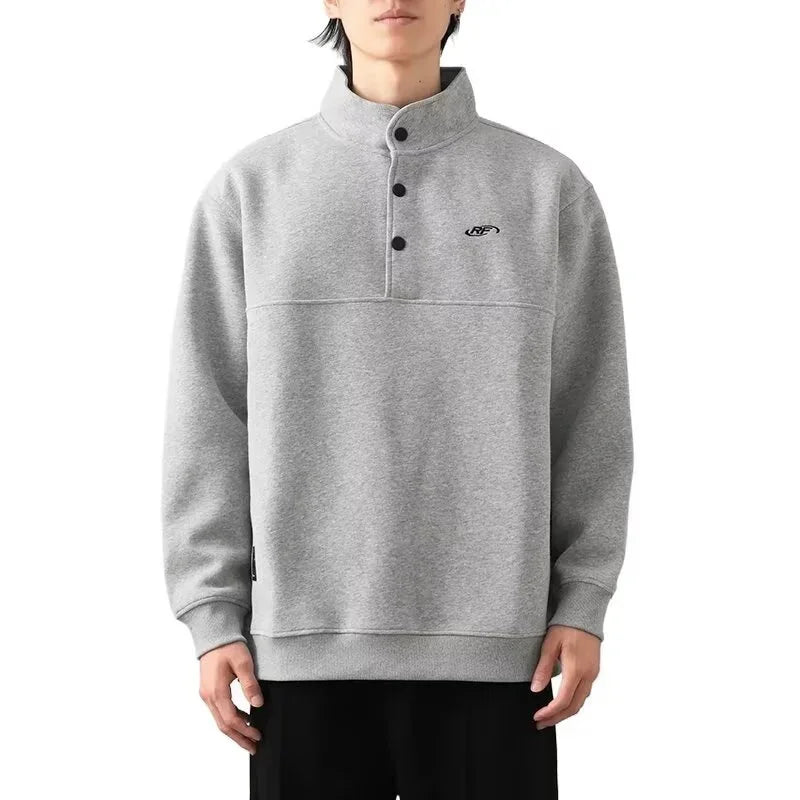 Otoño de los hombres de la letra impresa botón sudadera Stand Collar Patchwork pulóver sudaderas con capucha 2025 nuevo Casual Y2K manga larga Sudaderas