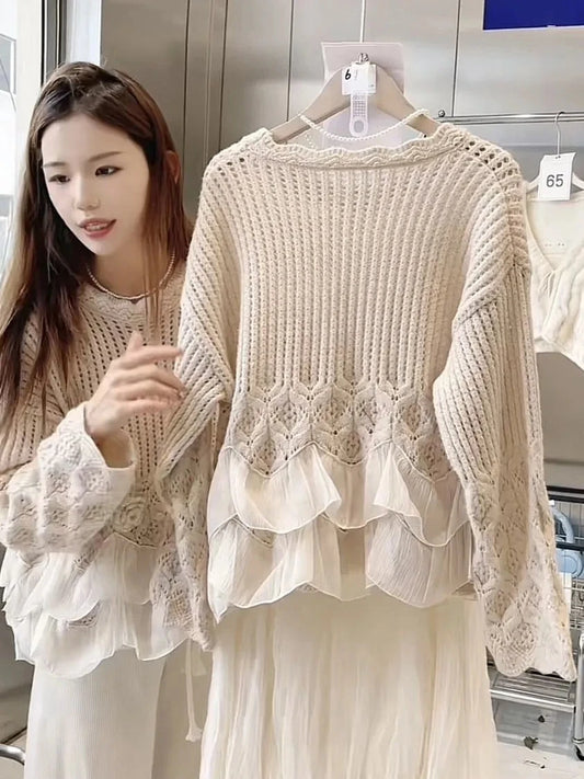Suéter de punto retro con cuello redondo y diseño de malla hueca para mujer, manga larga, estilo nuevo de otoño, sensual y fe...
