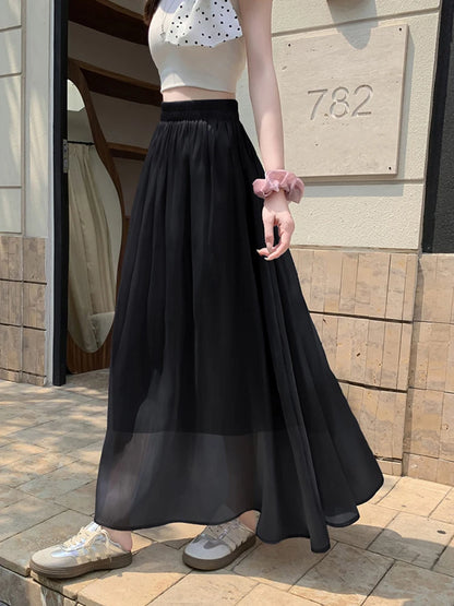 Falda Larga Elegante de Verano para Mujer, Cintura Alta, Línea A, para Vacaciones en la Playa, con Volantes, Estilo Preppy, Dulce, Holgada, Informal y Sencilla