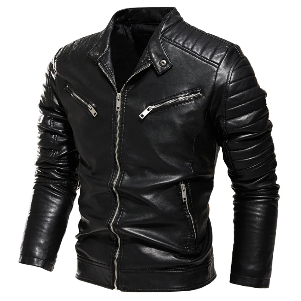 Chaqueta de cuero negro de invierno 2025 para hombre, chaqueta cálida con forro de piel para motocicleta, abrigo de motociclista negro ajustado a la moda urbana, diseño plisado con cremallera