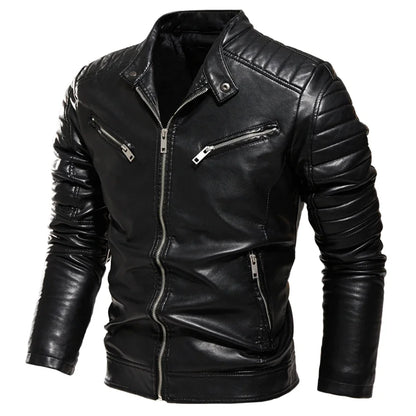 Chaqueta de cuero negro de invierno 2025 para hombre, chaqueta cálida con forro de piel para motocicleta, abrigo de motociclista negro ajustado a la moda urbana, diseño plisado con cremallera