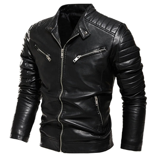 Chaqueta de cuero negro de invierno 2025 para hombre, chaqueta cálida con forro de piel para motocicleta, abrigo de motociclista negro ajustado a la moda urbana, diseño plisado con cremallera