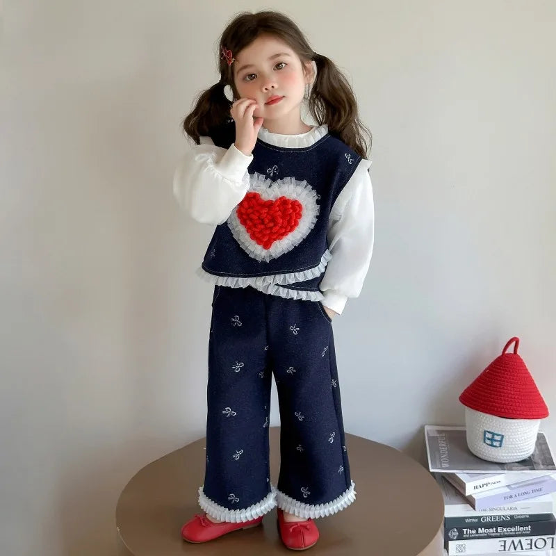 Conjunto de tres piezas con lazo grande de amor para niña, edición coreana de moda de primavera y otoño, ropa para niña
