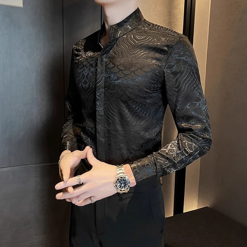 Camisas estampadas de manga larga con cuello levantado para primavera y otoño, camisa informal de moda para hombre de estilo chino Formal Social de negocios