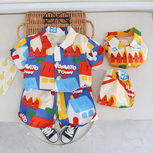 Nuevo verano niños bebés niñas camisa estampada completa pantalones cortos 2 unids/set niño ropa de moda niños chándal 0-5 años