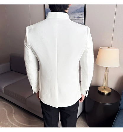 Chaqueta de traje con cuello levantado de alta calidad para hombre, chaquetas de negocios informales, abrigo coreano con gofres para boda, novio, banquete, vestido de fiesta, 2025