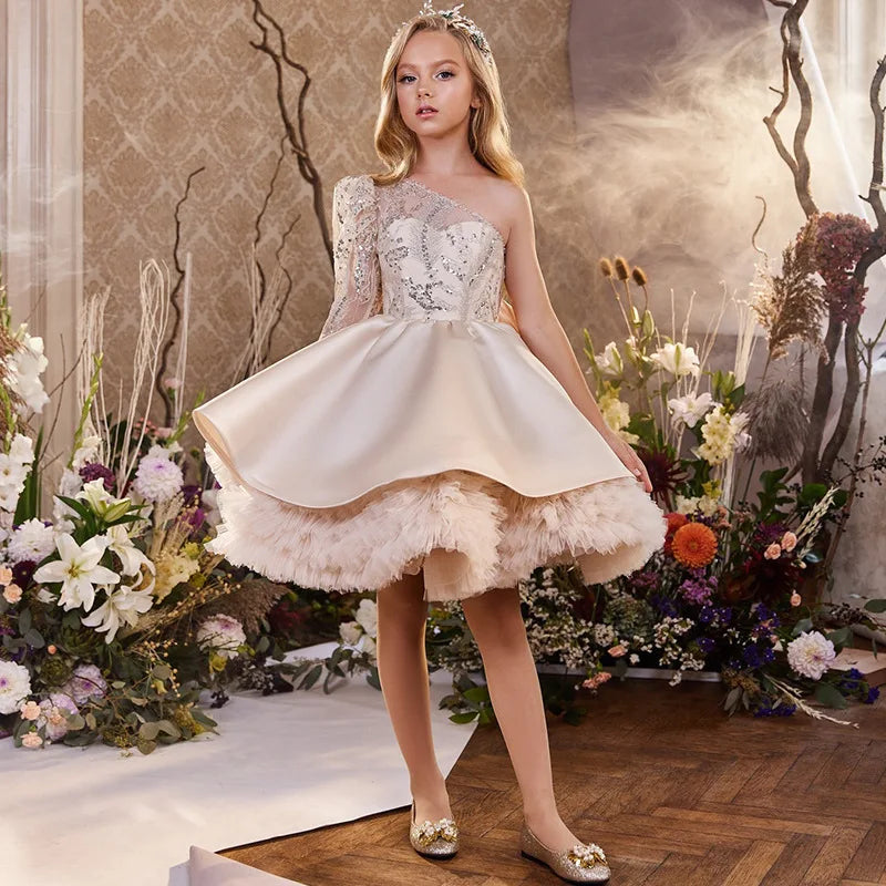 2026 nuevo vestido para niños vestido de princesa con lentejuelas un hombro falda acampanada con lazo Patchwork niños niñas traje Formal de celebración de fiesta