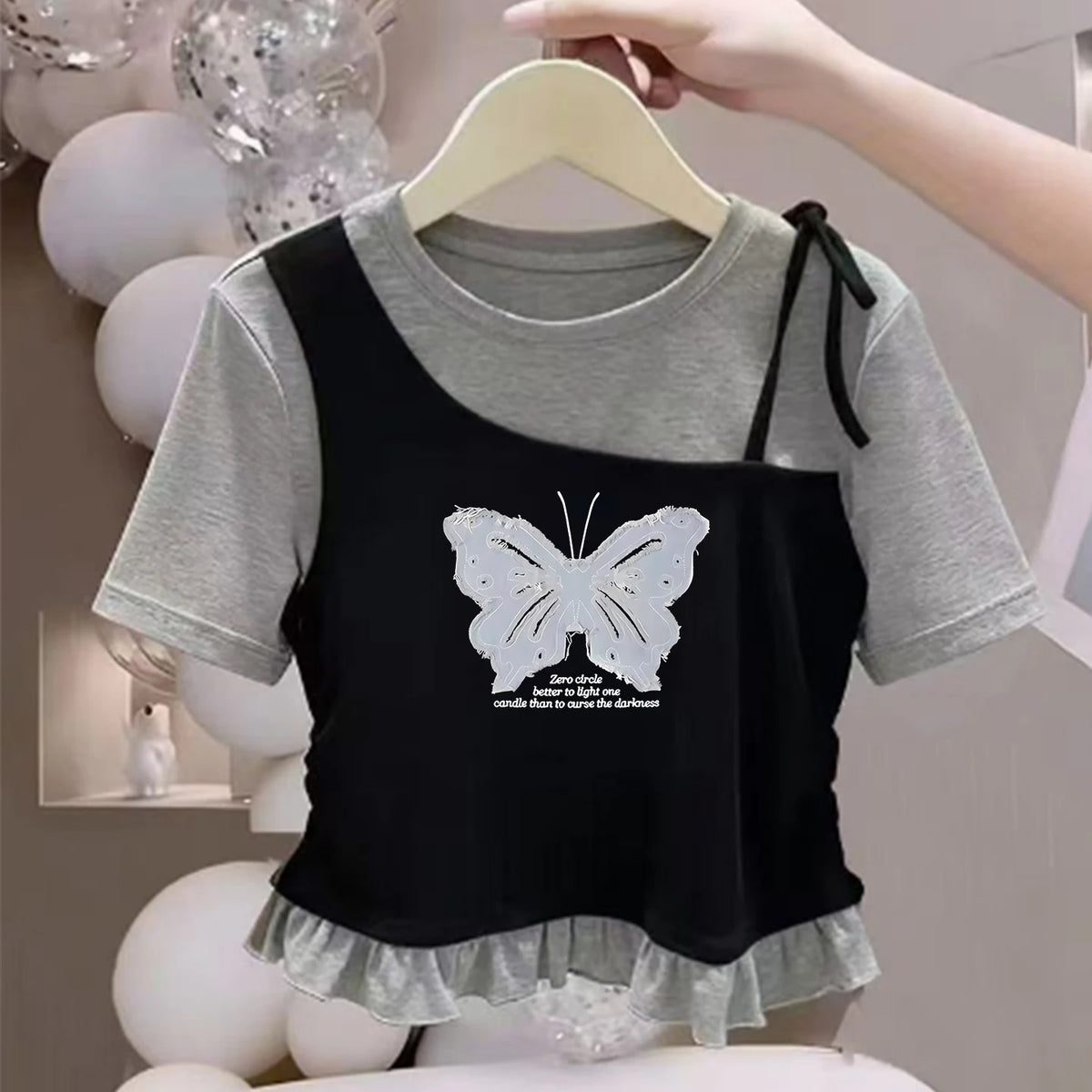 Camiseta de Manga Corta para Niñas, Algodón Puro, Dobladillo con Volantes, Estilo Corto, Verano, Casual, Ropa Infantil, Trans...