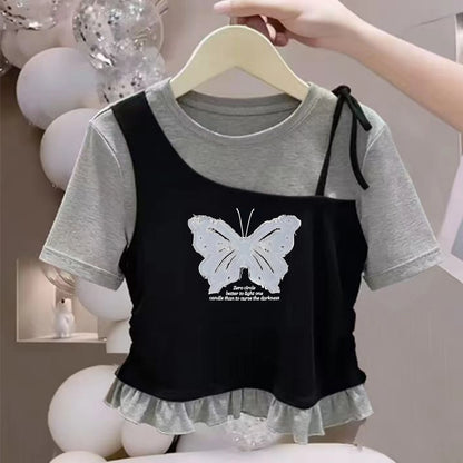 Camiseta de Manga Corta para Niñas, Algodón Puro, Dobladillo con Volantes, Estilo Corto, Verano, Casual, Ropa Infantil, Trans...