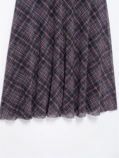 Falda Midi de Tul a Cuadros Estilo Británico BANA, Falda Ajustada de Cintura Alta para Mujer, Primavera Verano, Estilo OL, Fa...