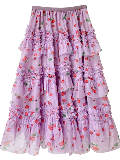 Primavera Verano 2026 Falda Larga de Tul Estampada de Cintura Alta con Empalmes Asimétricos, Falda de Pastel Colorida, Estilo...