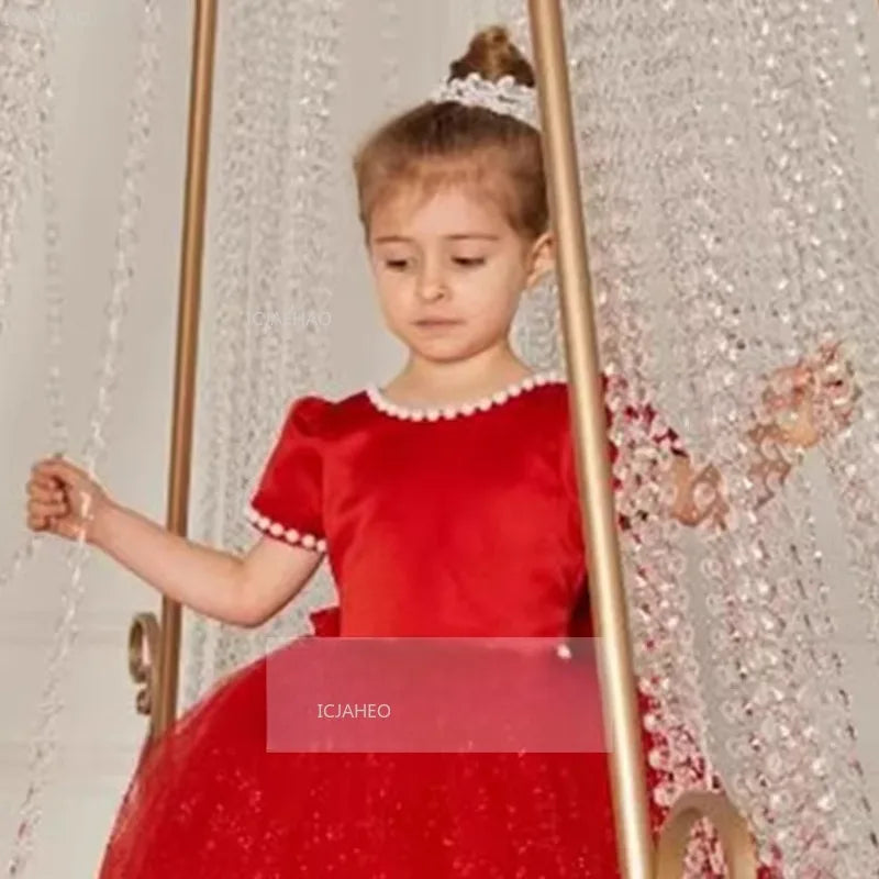 Vestido de fiesta de princesa rojo para niñas, vestido de tul hinchado para cumpleaños, violín, Piano, actuación, desfile de moda, ropa