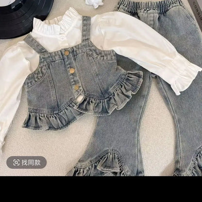 Conjunto para niña, nuevo estilo occidental, mezclilla, primavera y otoño, chaleco para niños, camisa, conjunto de tres piezas para bebé, pantalones vaqueros