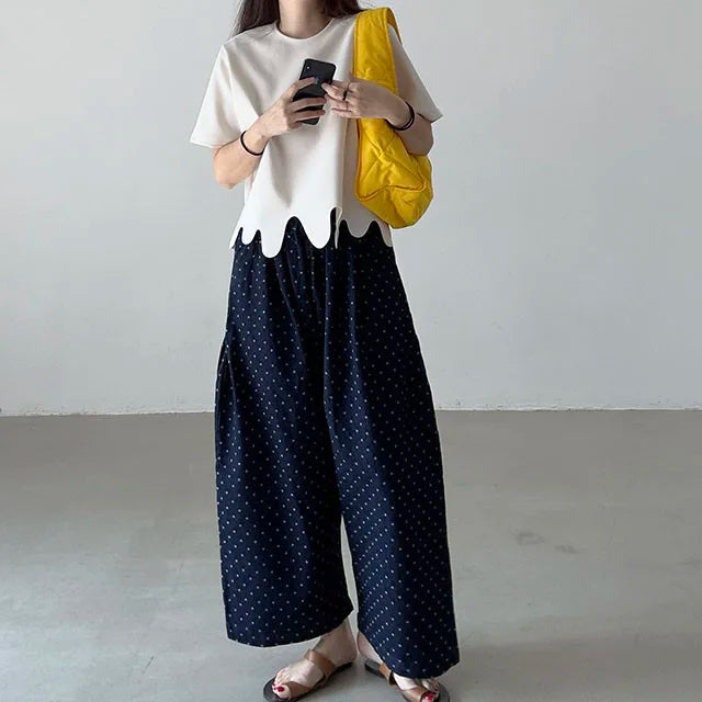 Camisetas de verano de moda coreana, camiseta informal de manga corta con cuello redondo y patrón de onda Irregular, camisetas simples