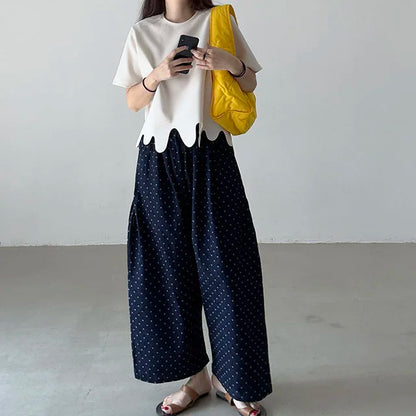 Camisetas de verano de moda coreana, camiseta informal de manga corta con cuello redondo y patrón de onda Irregular, camisetas simples