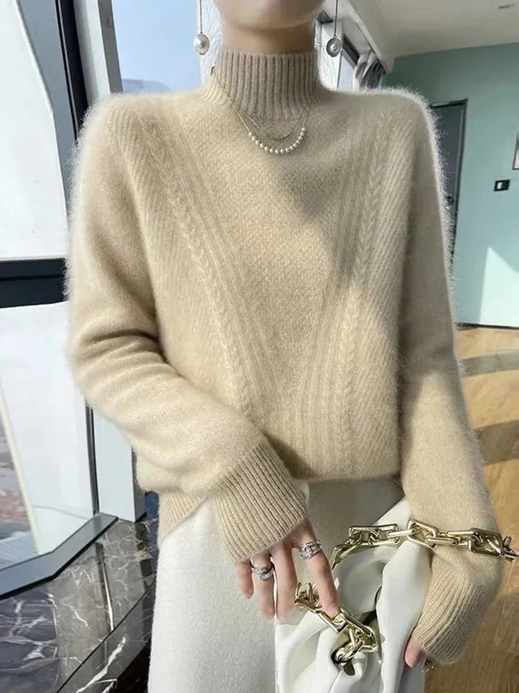 Suéter de punto grueso para mujer, cuello medio alto, ajuste holgado y delgado, camiseta base suave y cálida, estilo coreano,...